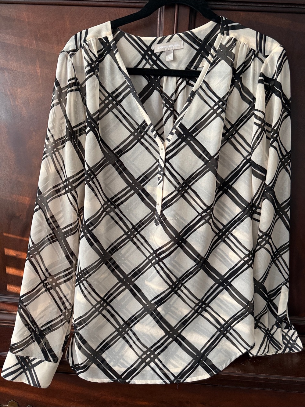 Banana Republic Cream and Black Plaid V-Neck Blouse